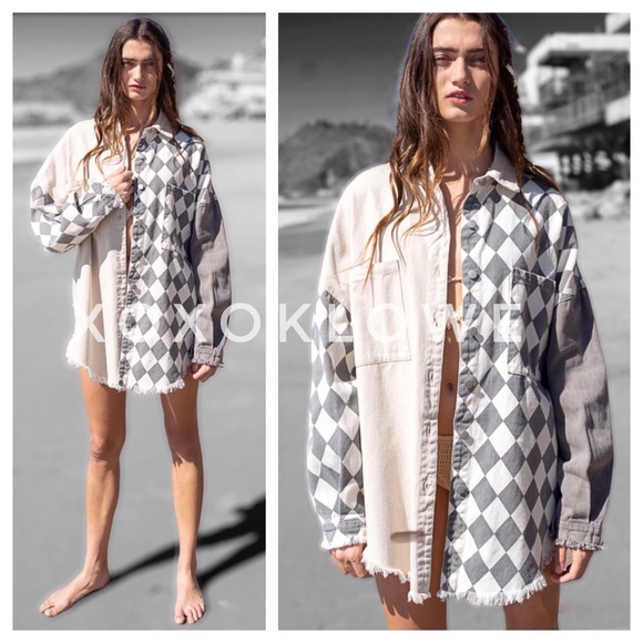 1 L POL Retro 90s Color Block Harlequin Print Denim Twill Shacket - Picture 14 of 14